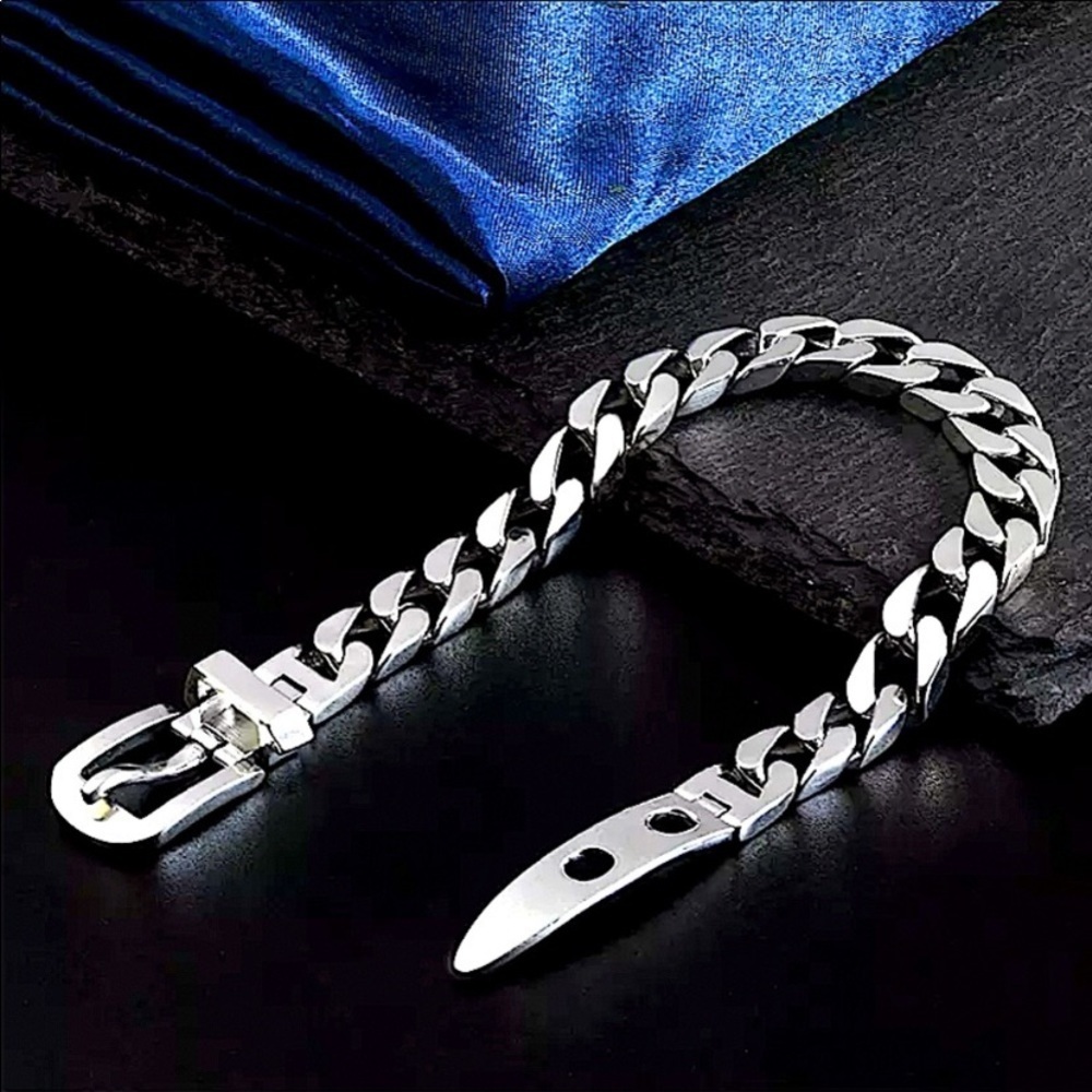 Belt Buckle Sterling Silver Chain Link Necklace Bracelet Matching Set - Picture 13 of 14